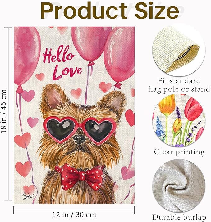 Valentine's Day Brussels-Griffon Hello Love Garden Flag, House Yard Plaid Love Heart Outside Decoration, Spring Holiday Wedding Anniversary Outdoor Small Decor 12x18(12653)