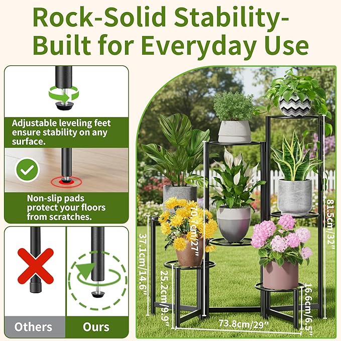 NQW 7 Tier Metal Patio Plant Stand Outdoor, Heavy Duty Flower Stands for Indoor Plants, Floding Tall Corner Shelf for Diaplay Racks for Home Decor, Graden, Balcony -BlackDiamond