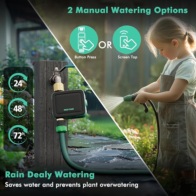 RESTMO Smart Sprinkler Timer with Flow Meter, Water Timer for Garden Hose, Brass Inlet & Outlet, Automatic Lawn & Yard Irrigation Watering System, APP Control (Bluetooth Connection, Not Include Hub)