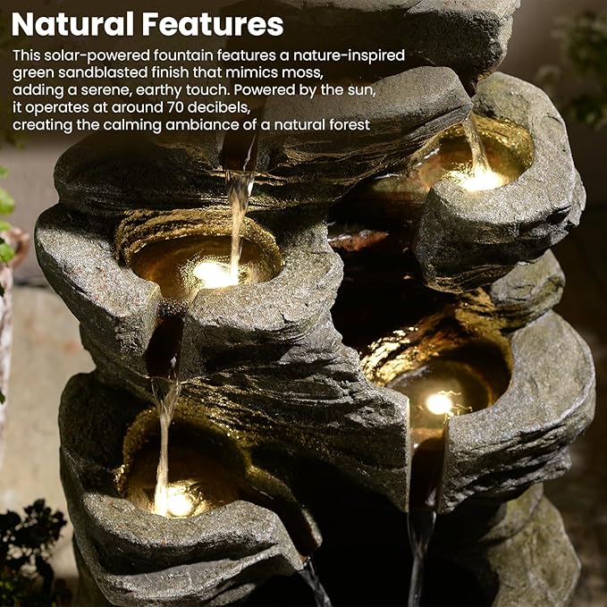 6-Tier Solar Water Fountain Outdoor, 24.4" H Cascading Rock Feature Garden Fountains and Waterfalls with Light, Pump, Solar Panel for The Patio, Deck, Porch, Backyard Home Décor, Stone Gray