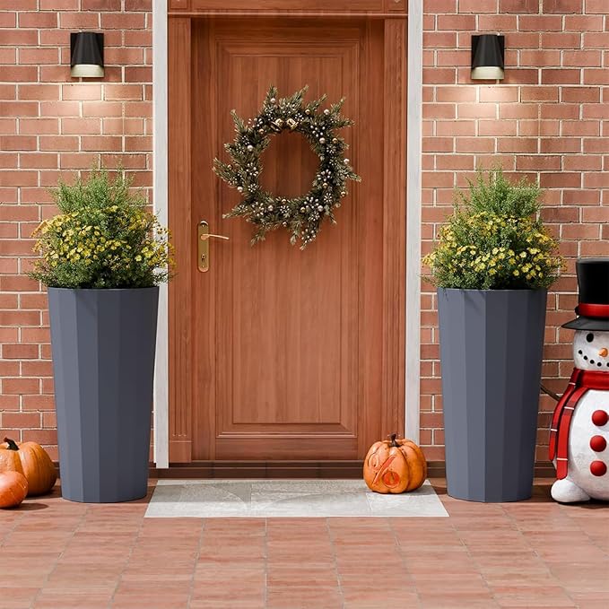 Diyfire 2PCS Tall Planters for Outdoor Plants, 23.6 Inches Large Outdoor Conical Flower Pots for Porch with Drainage Holes and Drainage Baffle, Tapered Large Planters for Garden, Balcony Use, Grey