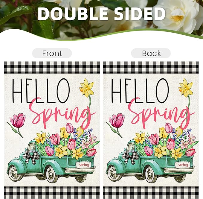 Hello Spring House Flags for Outdoor Decoration, Buffalo Plaid Truck with Flowers Large Yard Flag, Seasonal Decorative Celebration Decor for Farmhouse Holiday Outside 28x40 Inch Vertical