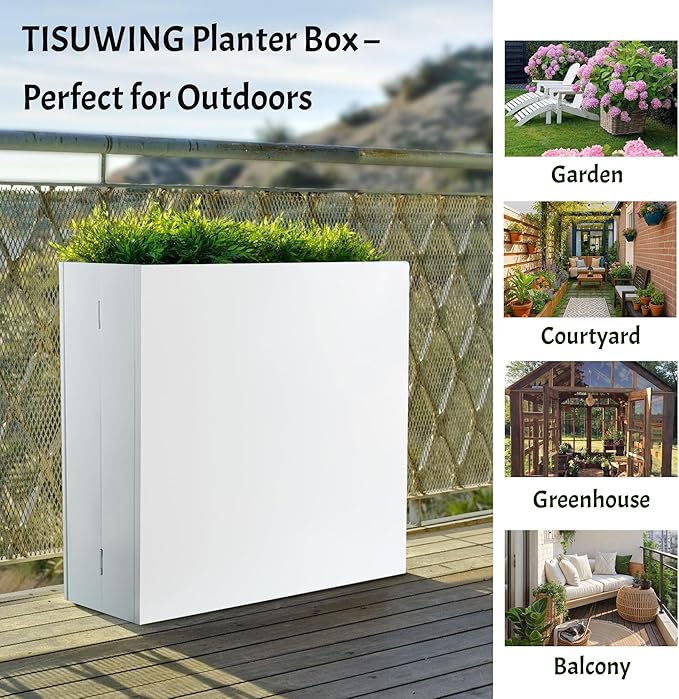 TISUWING Metal Planter Box, No Installation Galvanized Steel Folding Rectangular Planter with Drainage Holes, 35.5"x 10"x 28" White Outdoor Planter for Porch/Patio/Garden
