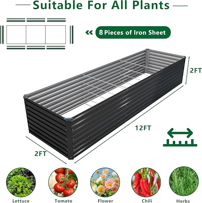 DIIYIV 12x2x2FT Galvanized Raised Garden Bed Kit,Vegetable Plant Boxes-Rectangle Metal Flower Box,Large Planter Raised Beds Outdoor Garden for Planting,Fruit,Herb-Black