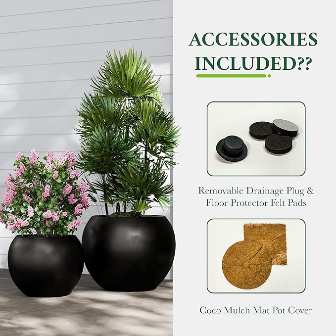 DTY Signature Mount Sherman 12.6''D x 9.8''H Modern Indoor Outdoor Fiberstone Sphere Planter, Durable Round Garden Pot, Weather Resistant, Drainage Hole & Rubber Plug - Small, Black