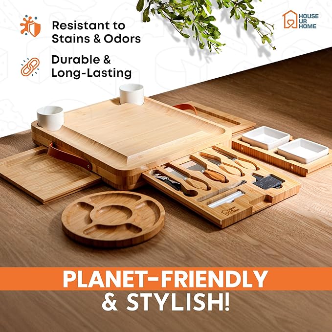 Large Charcuterie Board Gift Set - Bamboo Cheese Board with 4 Drawers, Knives & Ceramic Bowls - Perfect Valentine's Day Gifts for Her, Date Night, Anniversary & Housewarming Gift for Couples