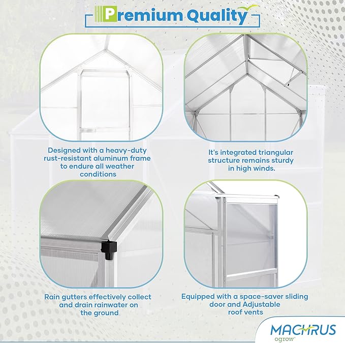 Machrus OGrow Small Greenhouses for Outdoors-Portable Walk in Large Greenhouse Kit for Plants - 4X6 Green Houses for Outside-Polycarbonate Greenhouse Panels with Vent Window, Heavy Duty Aluminum Frame