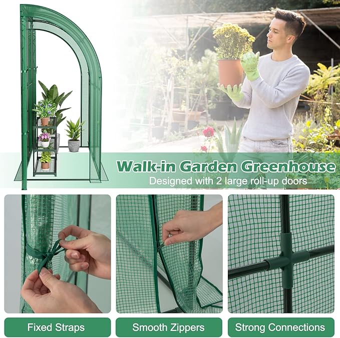 SAFSTAR 7 x 3.5 x 7 ft Greenhouse, Mini Lean-to Walk-in Green House with 3 Tiers Flower Rack & Weatherproof PE Cover, Roll-up Zipper Doors, Indoor Outdoor Garden Greenhouse for Seedling & Pot