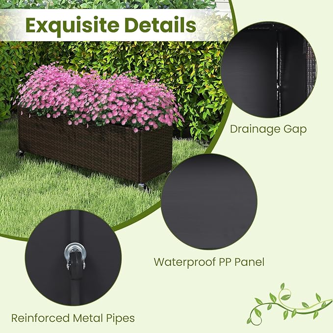 HAPPYGRILL Raised Garden Bed, All-Weather PE Rattan Elevated Planter Box w/Lockable Wheels, Liner for Growing Vegetables Flowers Herbs, Indoor Outdoor Wicker Rolling Gardening Box for Yard Patio (1)