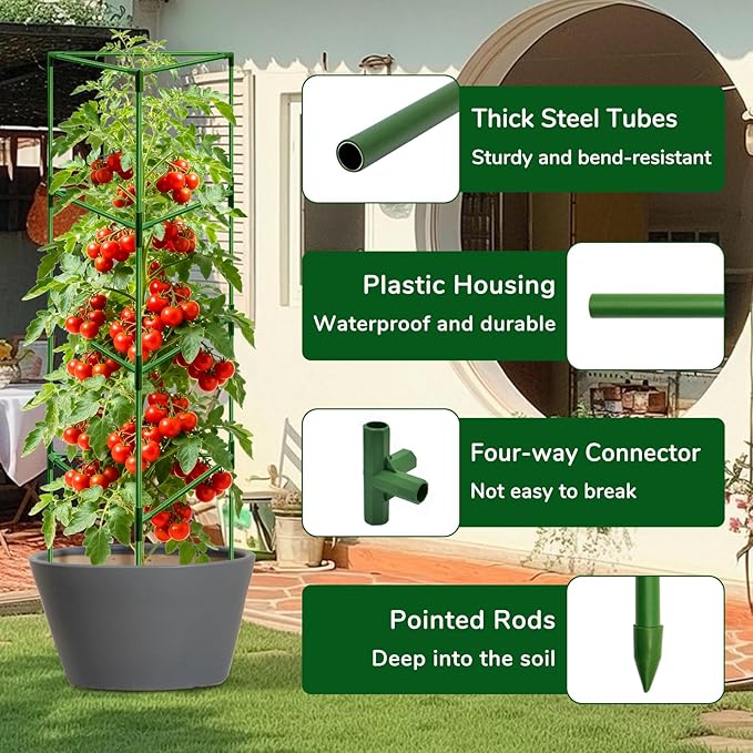 [Upgraded] ZeeDix 57 Inch Tall Tomato Cages for Garden, 6 Pack Large Plant Trellis Support Stakes for Climbing Plants, Heavy Duty Adjustable Tomatoes Cage for Pots, Raised Garden Bed Outdoor Supplies