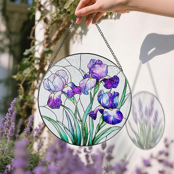 Stained Glass Window Hanging, 8 Inch Purple Irises Stained Glass Suncatcher, Flower Sun Catchers Indoor Window, Iris Flowers Gift, Flower Lovers Gifts, Housewarming Gift, Gifts for Her or Women