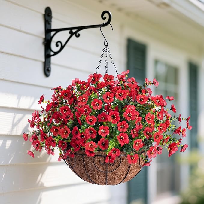 Artificial Flowers Hanging Basket for Outdoor Indoor Spring Summer Decoration,Fake Silk Colorful Daisy Eucalyptus in 12" Coconut Lining Flowerpot Arrangement for Home Patio Yard Decor(Red)