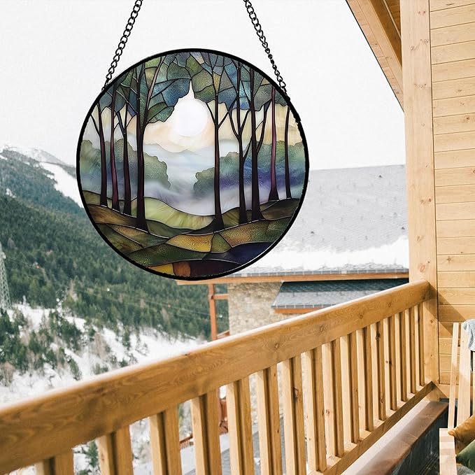 DASTOLL Stained Glass Window Hanging, Green Brown Smoke Forest Moon Suncatcher for Doors Window Home Tree Sun Catchers Decor Mother's Day Birthday Gifts for Women, Men Mom 7.8 in