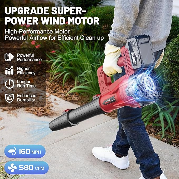 Leaf Blower Cordless with 2 x 4.0Ah Battery and Charger, 160MPH/580CFM High Power Lightweight Handheld Electric Snow Blower with 2 Extended Tubes for Lawn,Yard Garden, Leaves, Dust, Snow Care (Red)