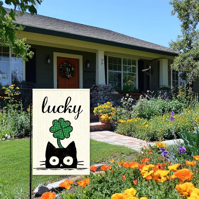 St Patricks Day Garden Flag 12x18 Inch Double Sided,Lucky Shamrocks Cat Outdoor Irish Decor House Porch Flag for St Patrick's Day Party and Yard Decorations