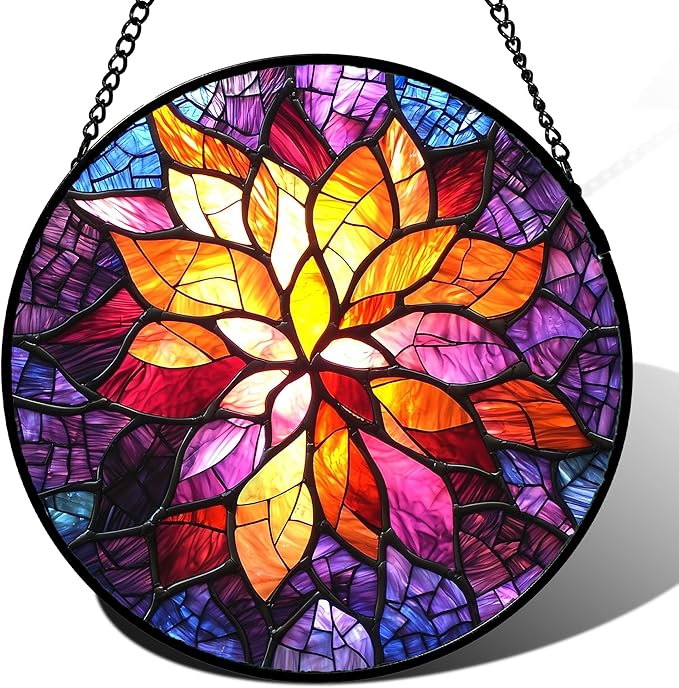 AMDERVEN Stained Glass Window Hanging, Fuchsia Abstract Flowers Suncatcher for Window Home Decor Orange Sun Catcher Mother's Day Birthday Gifts for Women Men Mom Nana 9.8 in