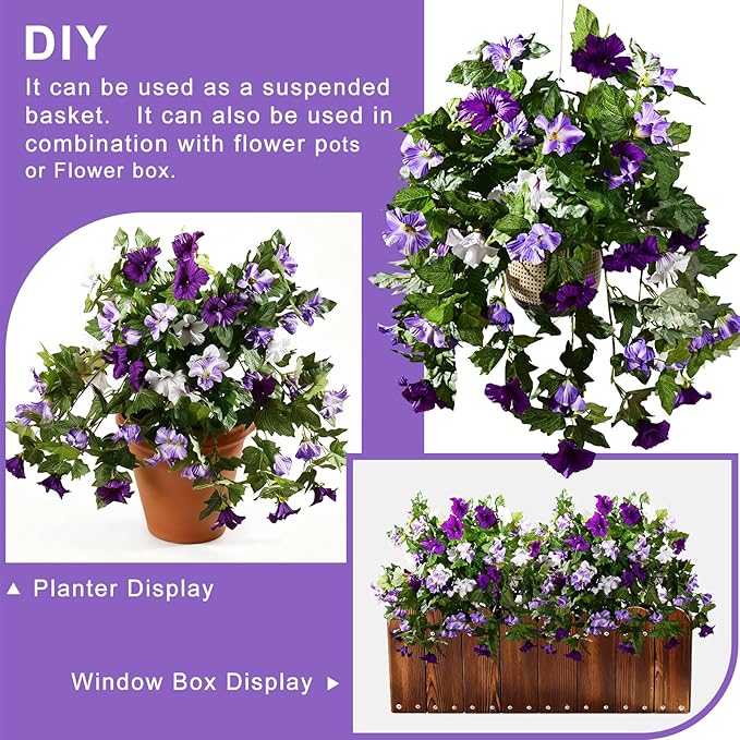 Artificial Morning Glory Flowers Plants for Outdoor 2Pcs Faux Silk Petunias Flower Realistic Faux Flowers Plants for Outside Planter Porch Yard Patio Balcony Home Indoor Decor (2 Pcs Purple)