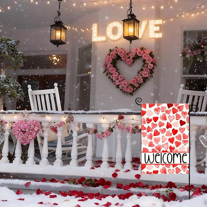 Welcome Love Hearts Garden Flags for Outside Decoration, Valentines Love Hearts Small Yard Flag, Anniversary Wedding Seasonal Farmhouse Holiday Outdoor Decor 12x18 Inch Vertical Double Sided