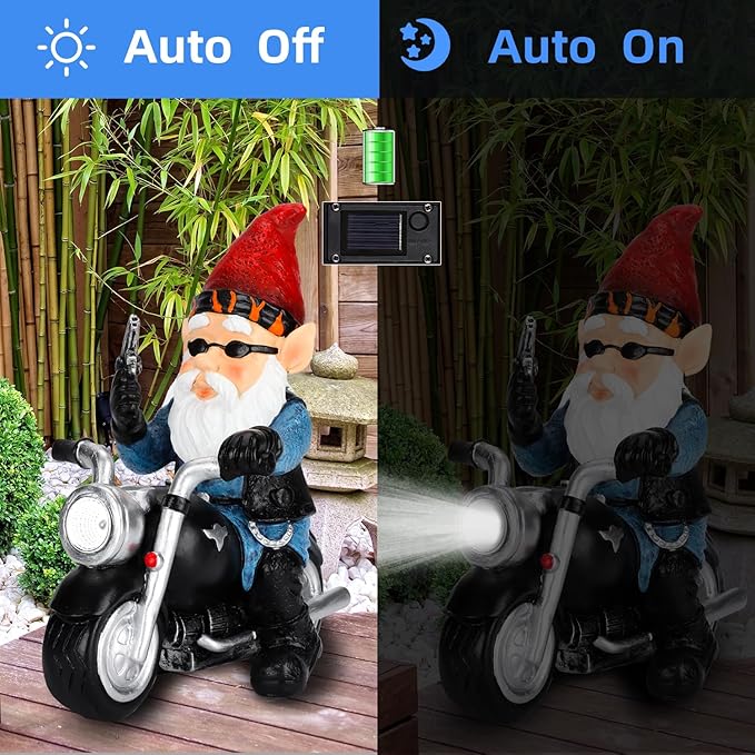 Garden Gnome Riding Motorcycle with Solar Light, Funny Outdoor Gnome Decoration Indoor Outdoor Lawn Figurines for Home Yard Décor, Medium