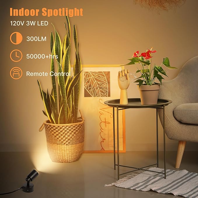 LED Spotlights Indoor, 5W Plants Uplighting with Remote Control Dimmable & Timer, Uplights Indoor Floor Spot Lights for Painting, Picture, Artwork, Accent Stick on Wall Light with 5.9 FT Plug Cord