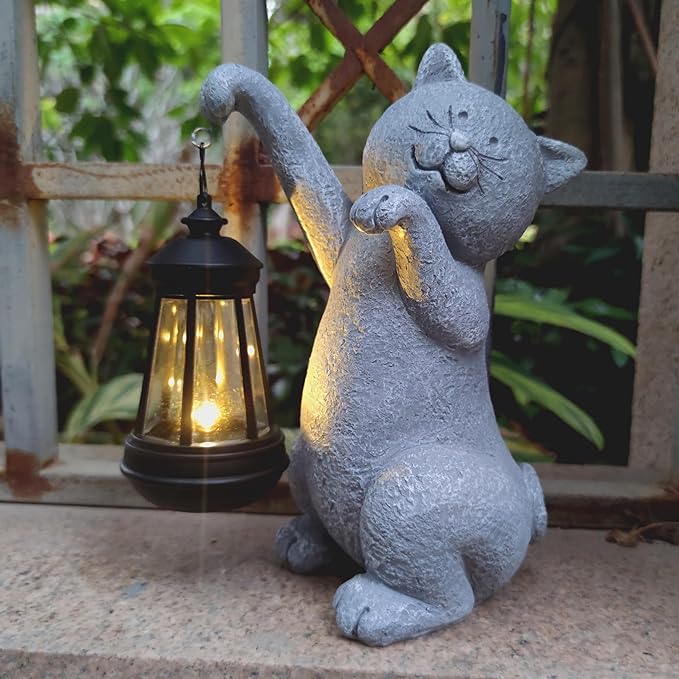 Qobumy Cat Solar Garden Statues,Resin Cat Figurine Decorations with Solar Lights Lantern, Outdoor Figurines Lawn Cats Statue Decor Art for Lawn,Yard, Balcony Ornament,Gift for Garden Home Mom.