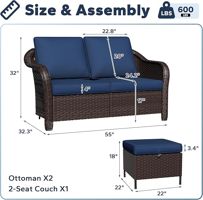Outdoor Sectional Sofa Set | 55" 2-seat Outdoor Couch with 2 Ottomans, Outside Wicker Furniture with Removable Cushions for Bistro, Deck, Porch, Sunroom (Navy Blue)
