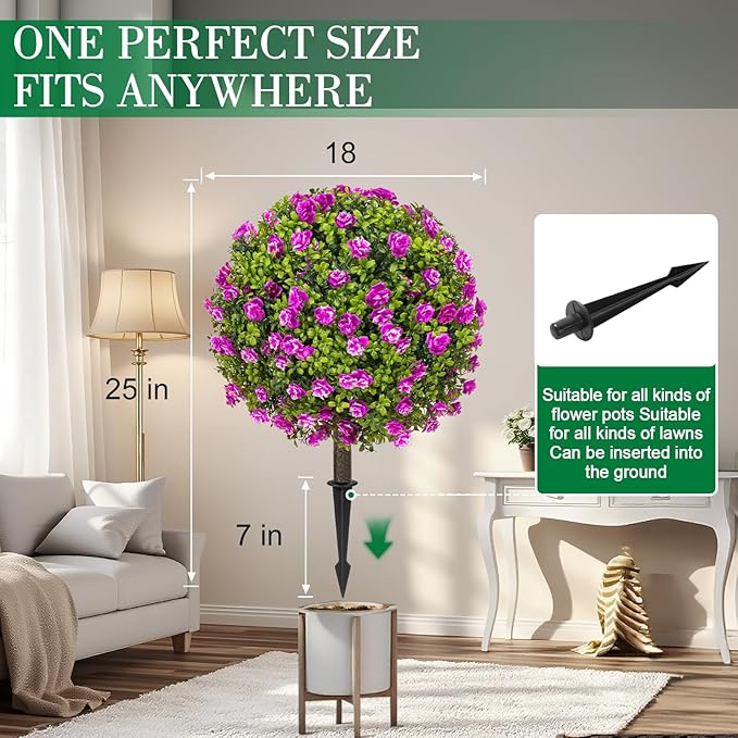 25" Artificial Boxwood Topiary Ball Trees with Purple RoseFlowers, Set of 2 UV Resistant No Fade Outdoor Faux Plants with Ground Spike, Fake Shrubs for Garden, Patio, Porch, Yard, Indoor