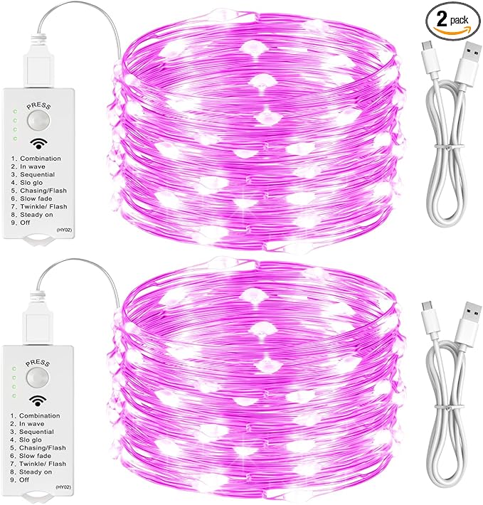 HXWEIYE Rechargeable Fairy Lights Battery Operated, DIY Timer & 8 Modes, 2 Pack 16FT 50LED Twinkle String Lights Indoor, Led mini Lights for Bedroom Wedding Dorm Christmas Tree Decor (Pink)