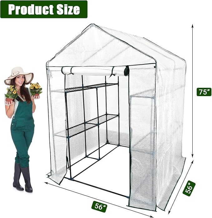 Walk-in Greenhouse for Outdoors, Small Green House Outdoor with 3-Tier Shelves, Roll-Up Zippered Door & Mesh Window, All-Season Plant House for Vegetables Herbs Flowers for Patio Backyard Gardening