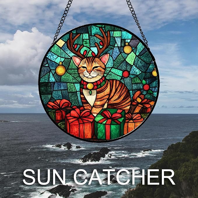 Stained Glass Window Hanging Cat with Elk Antlers 6.3" - Suncatcher Door Garden Sun Catcher Home Decor Birthday Christmas for Lost Pets Mom Men Woman Nana