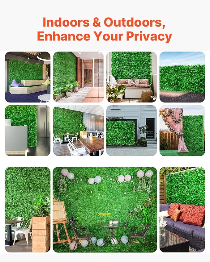 VEVOR Artificial Boxwood Panels 24pcs, 10 x 10 in Boxwood Hedge Wall Panel Artificial Grass Backdrop, 1.6 in Green Fake Grass Wall for Privacy Fence Decor Indoor Outdoor Garden Backyard