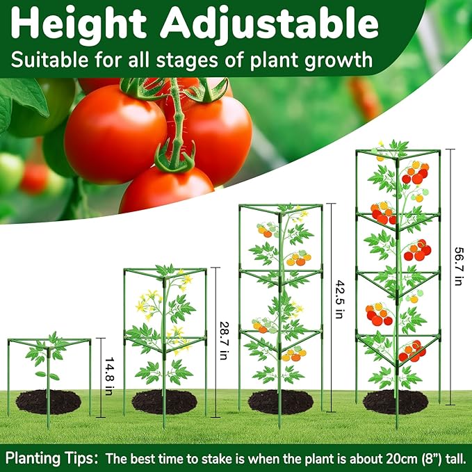 [Upgraded] ZeeDix 57 Inch Tall Tomato Cages for Garden, 2 Pack Large Plant Trellis Support Stakes for Climbing Plants, Heavy Duty Adjustable Tomatoes Cage for Pots, Raised Garden Bed Outdoor Supplies