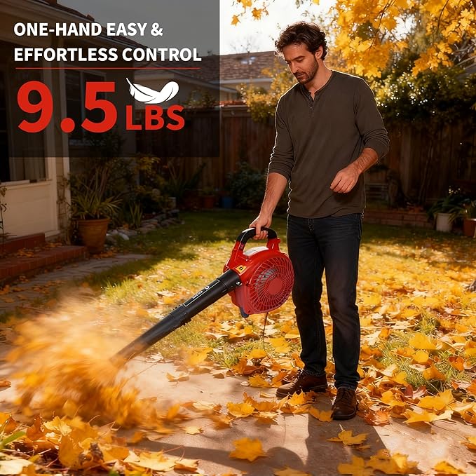 28 CC Gas Leaf Blower, 490 CFM 280 MPH, 1.1-HP 2-Stroke, Handheld Gas Powered Leaf Blower, Lightweight, Powerful Clearing Performance for Lawn Care, Driveway Cleaning and Light Snow Removal