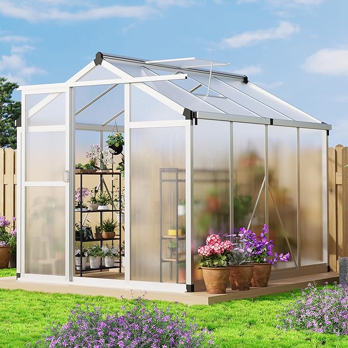 6x8 ft Greenhouse, Aluminum Frame & Polycarbonate Panel Greenhouse for Outdoors, Green House with Adjustable Roof Vent & Lockable Door, Durable Walk-in Green Houses for Backyard, Patio, Lawn