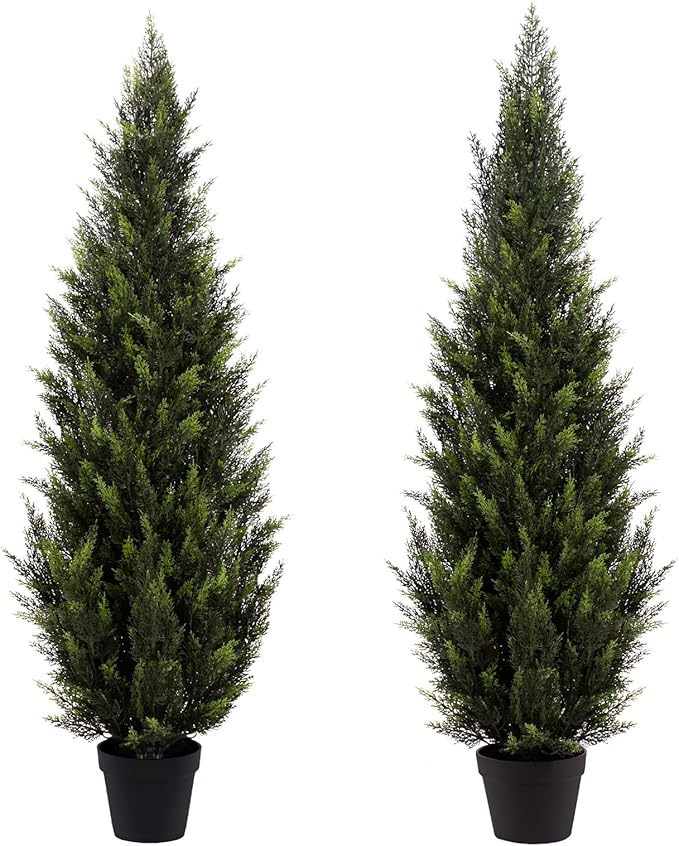 ZEEOZE 4FT Artificial Cedar Topiary Trees (2 Pack) - UV Resistant Faux Evergreen Shrubs Extra Dense Foliage Realistic Fake Pine Cypress Plants Easy Assembly for Front Porch Garden Indoor Office Decor