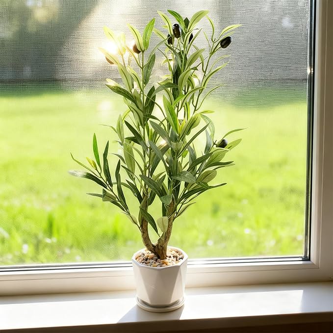 Abyjifar 22" Artificial Olive Tree with Ceramic Pot, Faux Green Potted Plants Indoor Fake Greenery Olive Branches Stems in Pot for Tabletop Desk Office Kitchen Living Room Bedroom Bathroom Home Decor