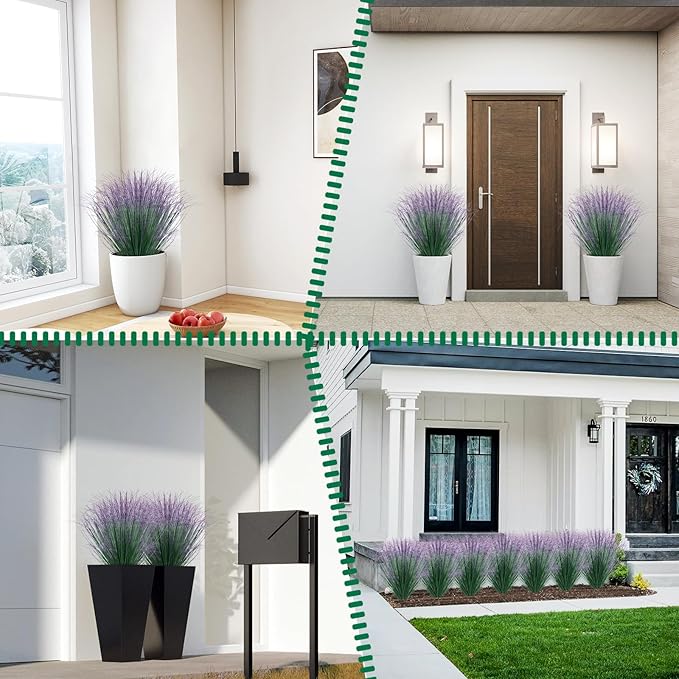 LUZOGA 12Pcs Artificial Grass Plants, Faux Shrubs Wheat Grass, Artificial Tall Grass Fake Plants for Outdoor Decor,Artificial Greenery Stems Weed for Room Indoor Home Decor（Green Purple Tail）