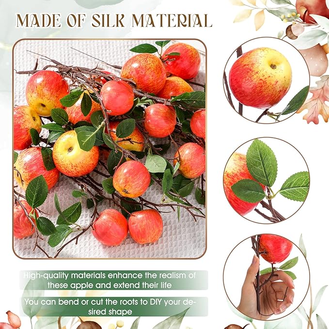 10 Pcs 17.72 Inches Artificial Fake Apple Branches Realistic Tall Apple Bouquets Tree Branch with Long Stem and Green Leaves Fruit Plant for Home Office Vase Filler Shop Decoration
