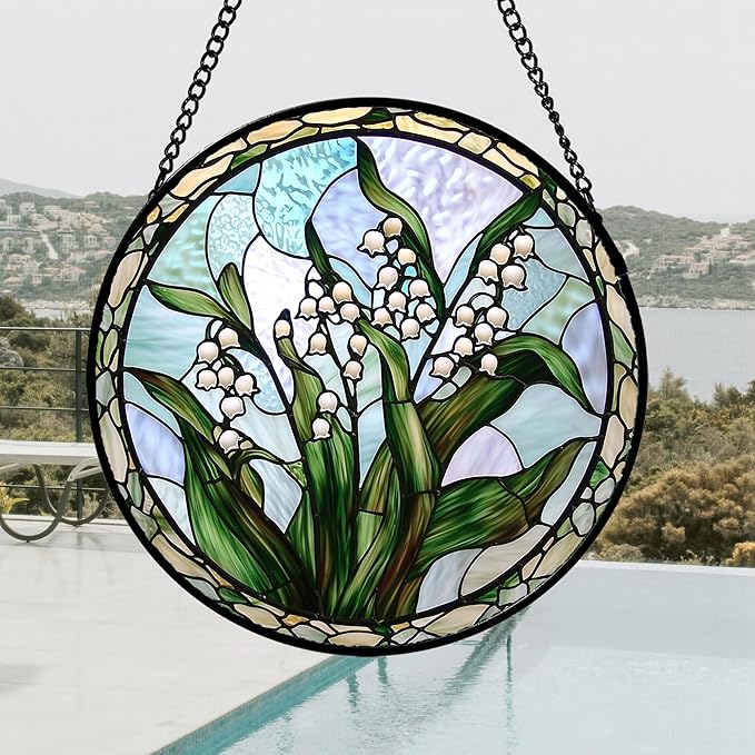 AMDERVEN Stained Glass Window Hanging, White Green Lily of The Walley Flowers Sun Catcher for Door Home Decor Plants Suncatcher Christmas Mother's Day Birthday Gifts for Women Men Mom Nana 15 in