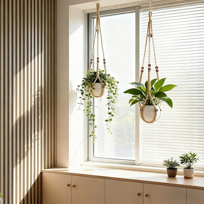 HOREAKHJ 35 Inch Macrame Plant Hanger, Large for up to 15 Inch Pot Extra Long Hanging Planter Holder Basket with Wood Beads for Indoor Outdoor Home Decor (Brown, 2-Pack)