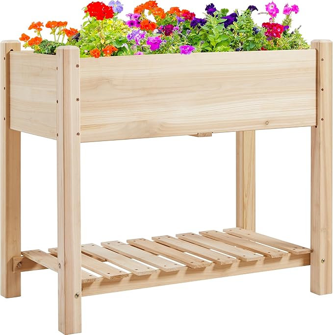 Topeakmart Raised Garden Bed Elevated 2 Tiers Wood Planting Bed Above Ground Planter Box for Vegetables Flowers Herbs Yard Outdoor, 34x18x30in