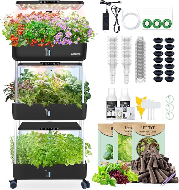 66-Pod Indoor Hydroponic Growing System + 3 Free Seeds Starter Kit (Lettuce, Salad Mixed, Basil Seeds) – Dual 53W Full-Spectrum LED, 10-L Water Tank, 3-Tier Grow Pods (66 Pods)
