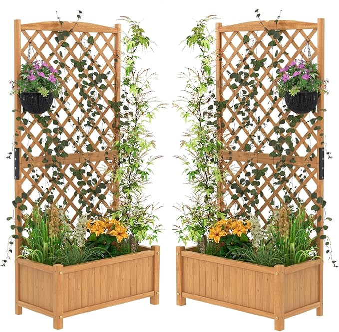 S AFSTAR Raised Garden Bed Outdoor Set of 2, 35.5x17.5x71-inch Planter Box with Trellis & Removable Bottom Base, Trellis Planter for Hanging Baskets, Idea for Patio Balcony Yard Against Wall