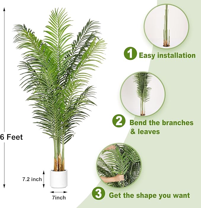 ProDeco Artificial Palm Tree 6Ft Faux Silk Green Realistic Decorative Tall Fake Potted Plants Artificial for Bedroom Living Room Office Home Decor Indoor Outdoor