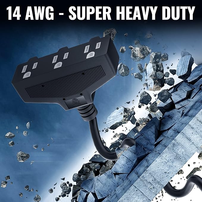 Outdoor Extension Cord 8 Ft with 3 Outlets, 14/3 SJTW 3 Prong Grounded Power Cord, 14 Gauge 14AWG Heavy Duty Power Cable, ETL Listed, 15 Amp 125 V 1875 W-Multiple Outlets for Indoor/Outdoor-Black