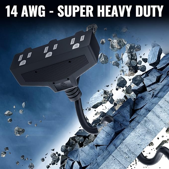 Outdoor Extension Cord 12 Ft with 3 Outlets, 14/3 SJTW 3 Prong Grounded Power Cord, 14 Gauge 14AWG Heavy Duty Power Cable, ETL Listed, 15 Amp 125 V 1875 W-Multiple Outlets for Indoor/Outdoor-Black