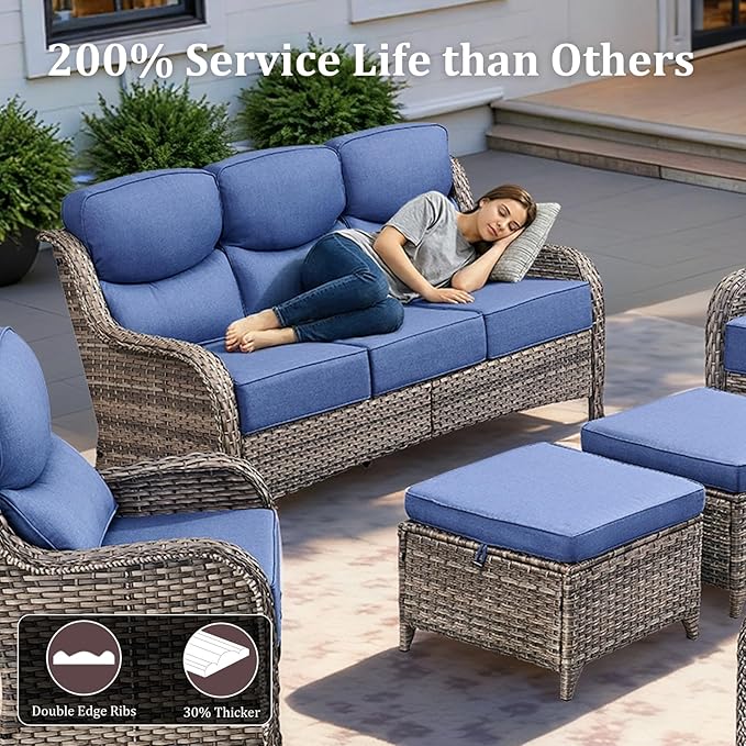 Luxury High Back Patio Furniture Set with 6-Inch Thick Cushions, 5-Pieces Outdoor Furniture with Swivel Chairs, Wicker Conversation Set for Porch, Balcony, Deck and Yard, Grey/Blue