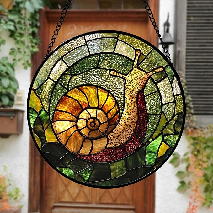 AMDERVEN Stained Glass Window Hanging, Green Orange Snail Sun Catcher for Door Home Decor Suncatcher Christmas Mother's Day Birthday Gifts for Women Men Mom and Nana 6.3 in