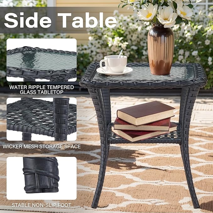 Belord 6 Pieces Outdoor Patio Furniture Set with Wicker Rocking Chairs, Rattan Patio Conversation Set with Glider Loveseat Ottomans and Side Table Black/Beige