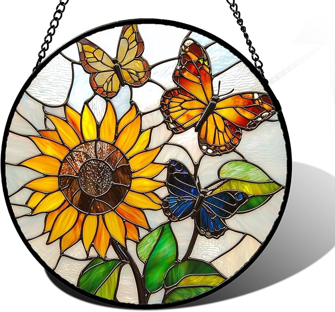 Stained Glass Window Hanging, Butterfly and Sunflowers Sun Catchers Glass Panel Plant Insects Suncatcher Decor for Birthday for Women, Men, Wife, Aunt, and Mom 9.8 in